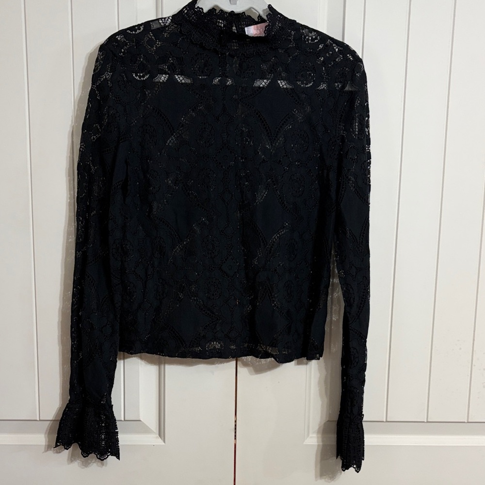 C+D+M Black Lace Long-Sleeve High-Neck Top Size L